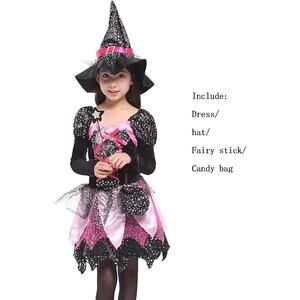 Girls Witch Costume, Cosplay Party Dress with Hat, Wand & Candy Bag, 55–59" Tall